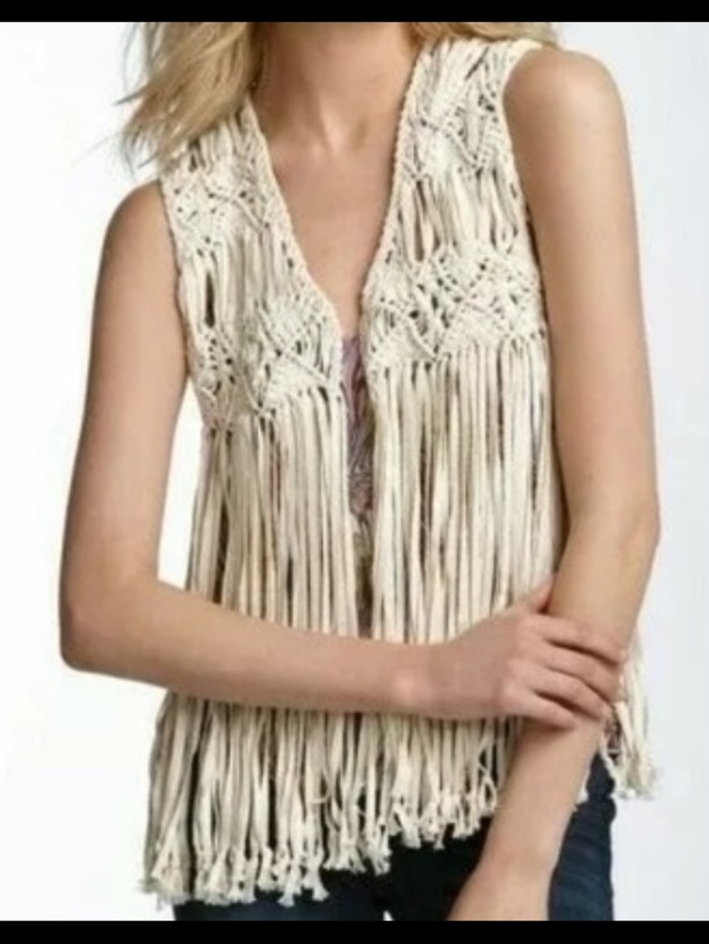 Winter Kate Cream Crochet Fringe Camisole Vest